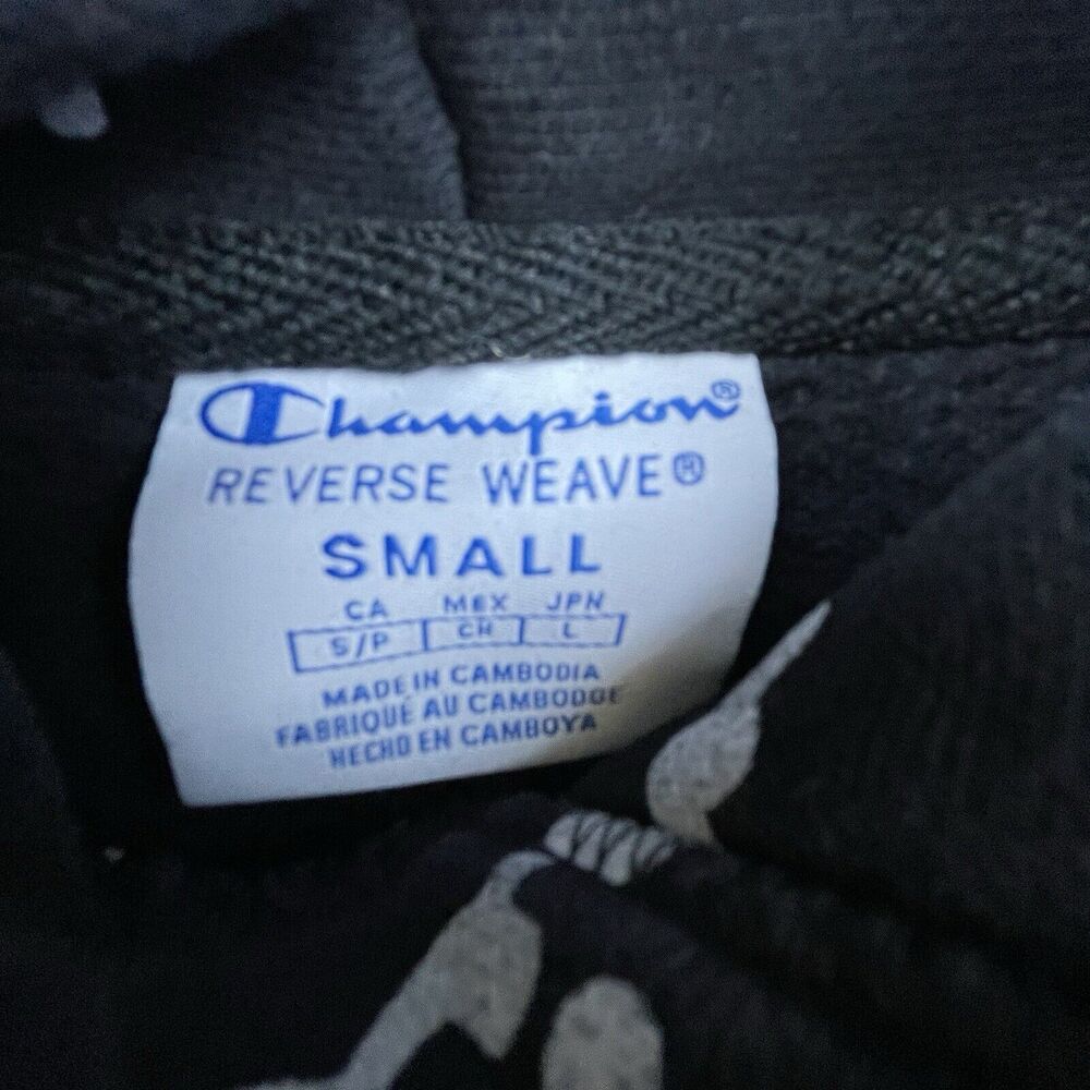 Champion Reverse‎ Weave Hoodie Mens Small Black All Over Logo Script Sweatshirt - Picture 3 of 6